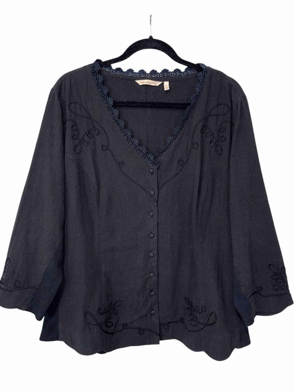 Soft Surroundings Womens Cotton Button Front Blouse 1X Black Scallop Hem Casual